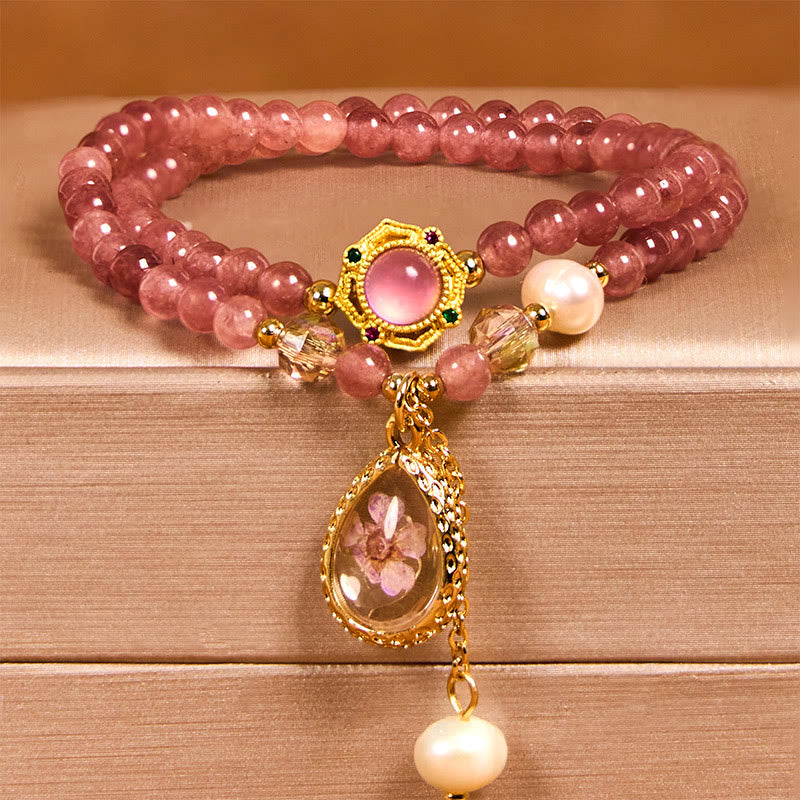 Bracelet double tour positif en Buddha Stones, quartz fraise naturel, perle, papillon, goutte d'eau
