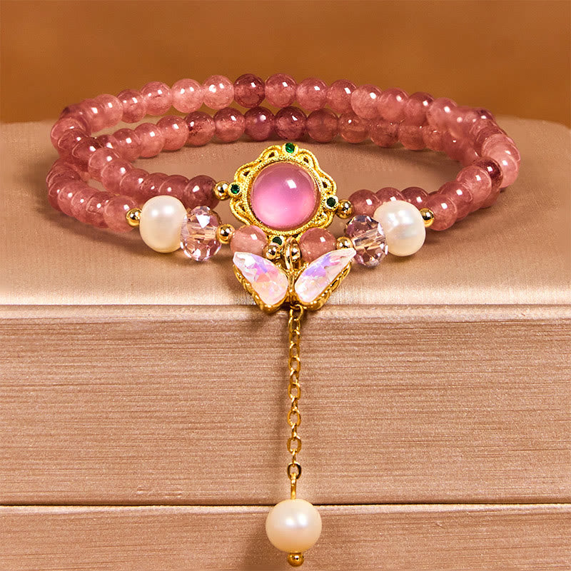 Bracelet double tour positif en Buddha Stones, quartz fraise naturel, perle, papillon, goutte d'eau