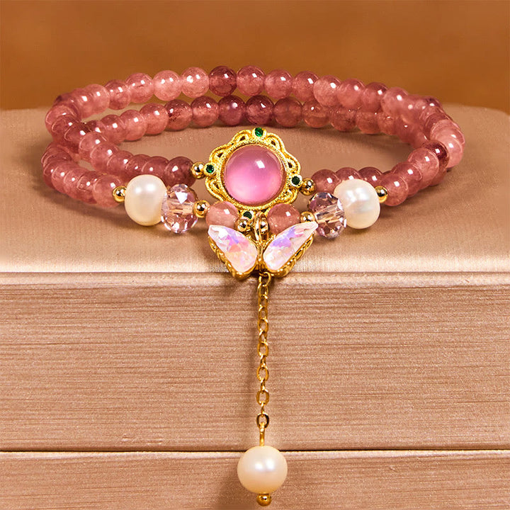 Bracelet double tour positif en Buddha Stones, quartz fraise naturel, perle, papillon, goutte d'eau