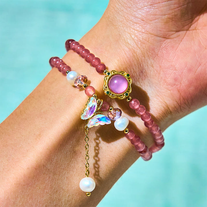 Bracelet double tour positif en Buddha Stones, quartz fraise naturel, perle, papillon, goutte d'eau