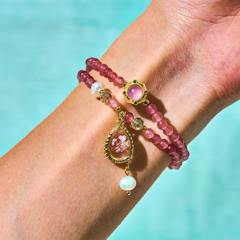Bracelet double tour positif en Buddha Stones, quartz fraise naturel, perle, papillon, goutte d'eau