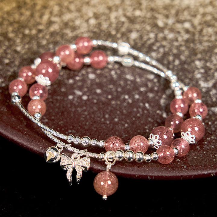 Bracelet double tour en quartz Buddha Stones naturel avec breloque en forme de rosette et nœud papillon
