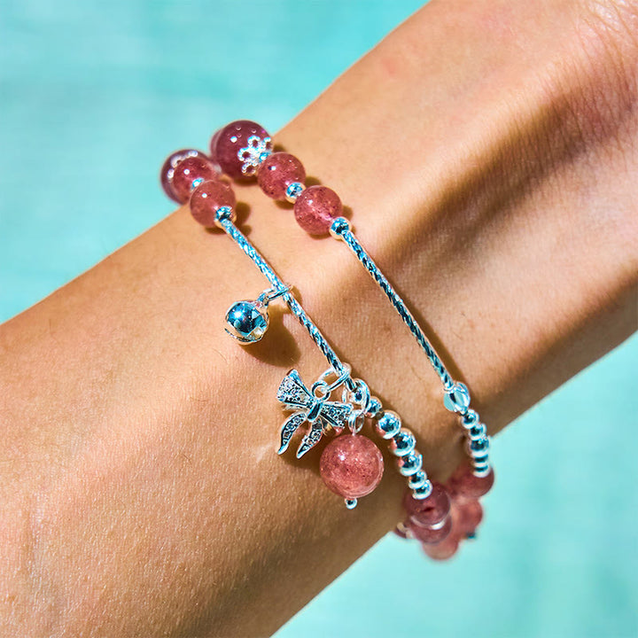 Bracelet double tour en quartz Buddha Stones naturel avec breloque en forme de rosette et nœud papillon
