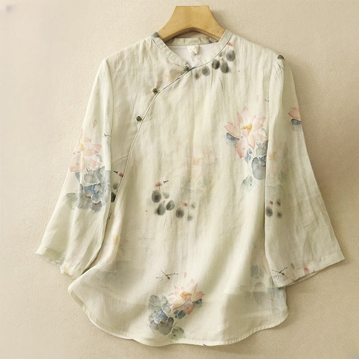 Buddha Stones décontractée en coton et lin pour femme, motif lotus, boutons grenouille, col incliné, manches trois-quarts - Beige - US8-10，UK/AU12-14，EU40-42 (2XL) - image 1