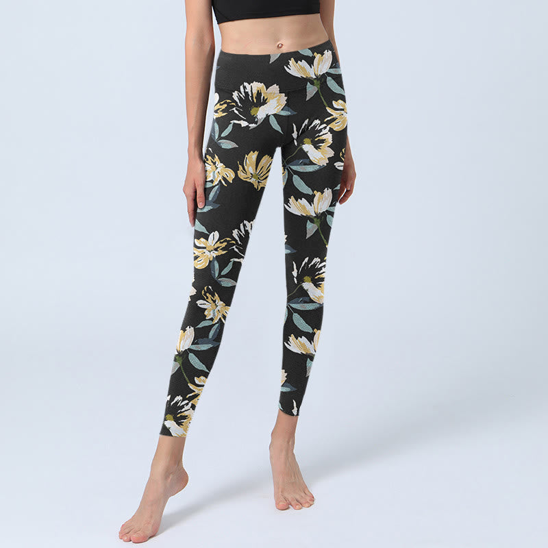 Leggings de sport à imprimé fleurs jaunes et blanches avec Buddha Stones pour femme - image 5