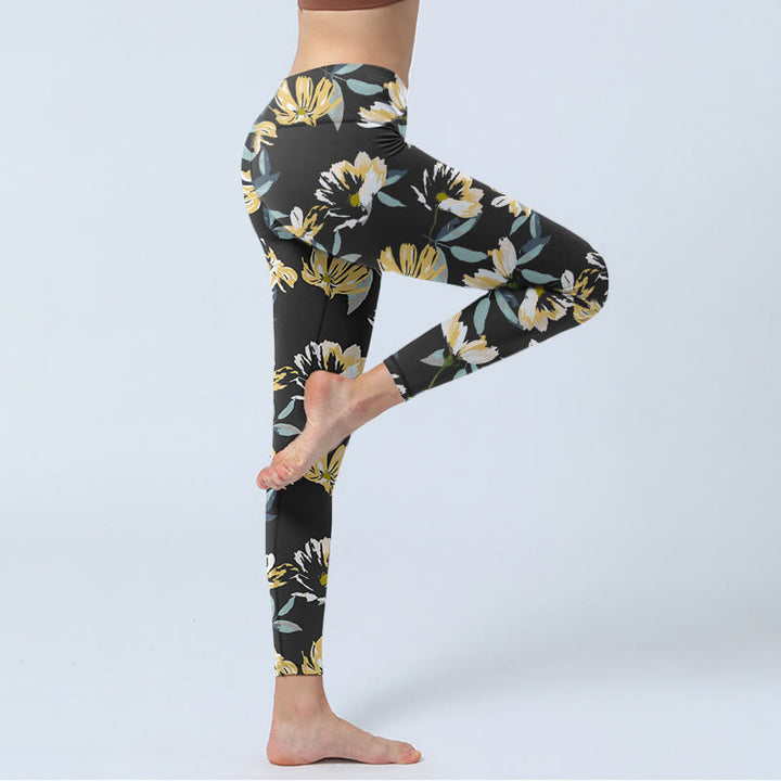 Leggings de sport à imprimé fleurs jaunes et blanches avec Buddha Stones pour femme - image 4