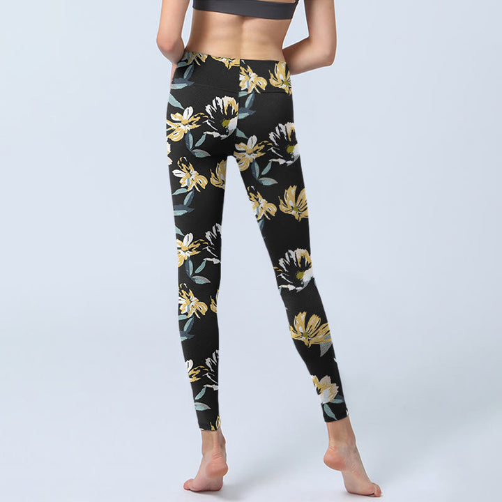 Leggings de sport à imprimé fleurs jaunes et blanches avec Buddha Stones pour femme - image 6