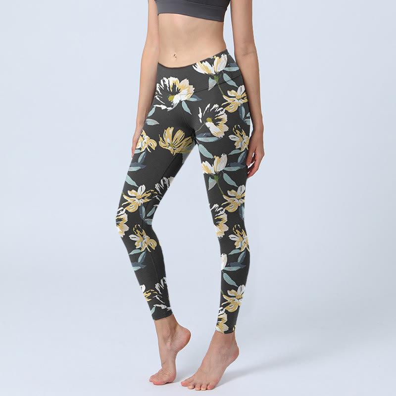 Leggings de sport à imprimé fleurs jaunes et blanches avec Buddha Stones pour femme - Noir - US18，UK/AU22，EU50 (4XL) - image 1