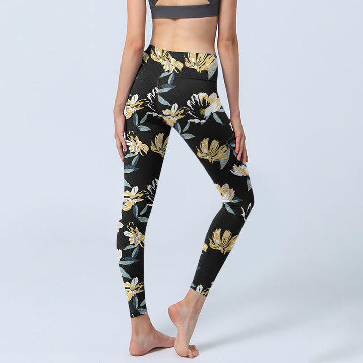 Leggings de sport à imprimé fleurs jaunes et blanches avec Buddha Stones pour femme - image 3
