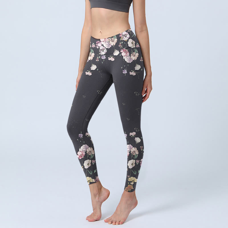 Leggings de sport à imprimé fleurs de pensées et Buddha Stones pour femme, pantalon de yoga - Noir - US18，UK/AU22，EU50 (4XL) - image 1