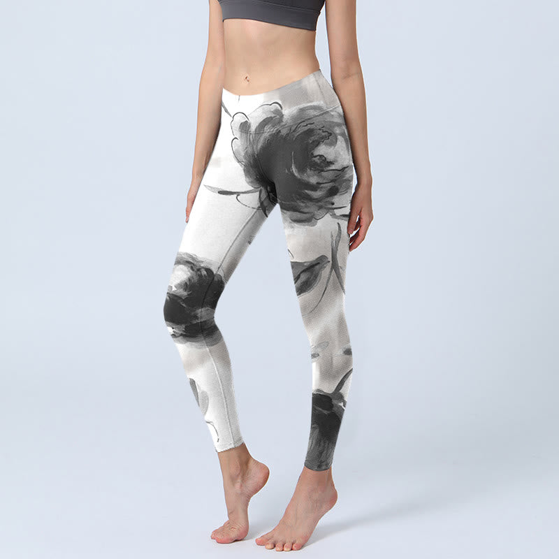 Leggings de sport imprimés de Buddha Stones et de roses aquarelles pour femmes - Blanc - US18，UK/AU22，EU50 (4XL) - image 1