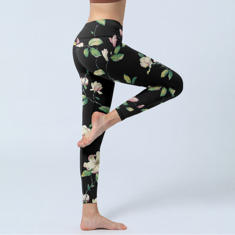 Leggings de sport à imprimé fleurs de magnolia Buddha Stones pour femme, pantalon de yoga - image 4