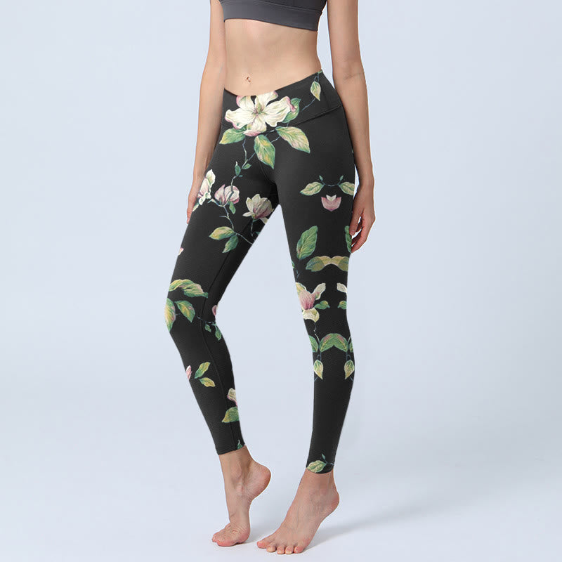 Leggings de sport à imprimé fleurs de magnolia Buddha Stones pour femme, pantalon de yoga - Noir - US18，UK/AU22，EU50 (4XL) - image 0