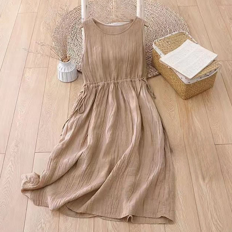Robe midi sans manches à taille élastiquée et cordon de serrage, ornée de Buddha Stones et confectionnée à la main. - image 1