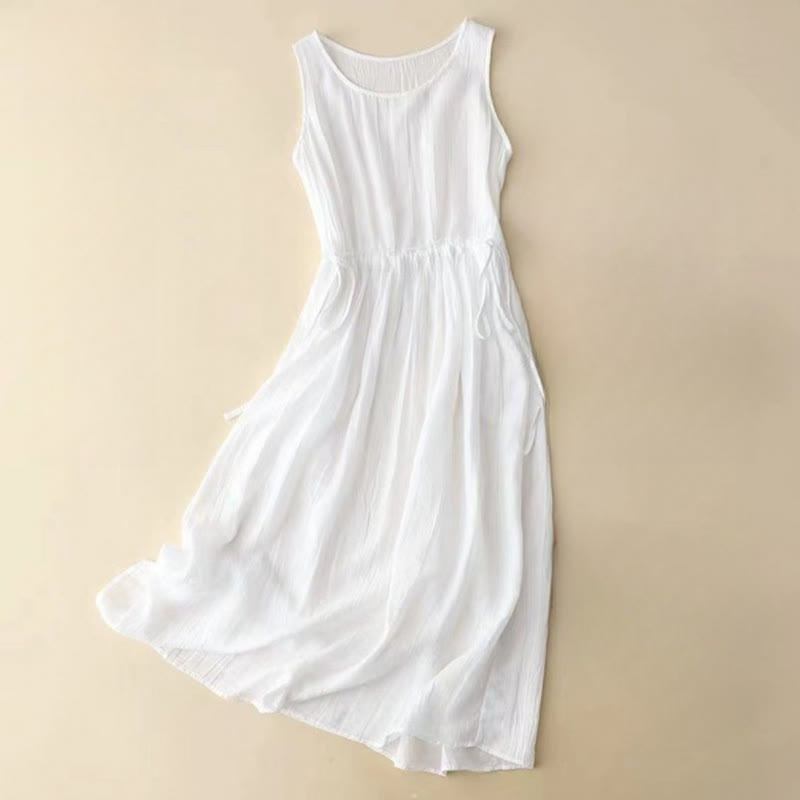 Robe midi sans manches à taille élastiquée et cordon de serrage, ornée de Buddha Stones et confectionnée à la main. - Blanc - US8-10，UK/AU12-14，EU40-42 (2XL) - image 8