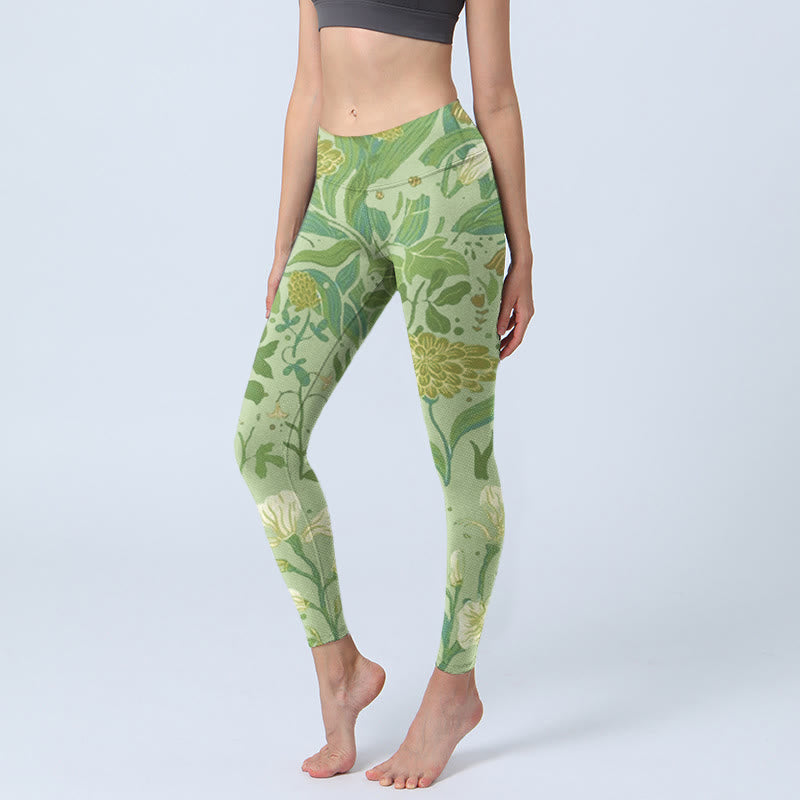 Leggings de sport imprimés Buddha Stones et divers motifs de fleurs et de feuilles pour femmes - Vert pâle - US18，UK/AU22，EU50 (4XL) - image 1