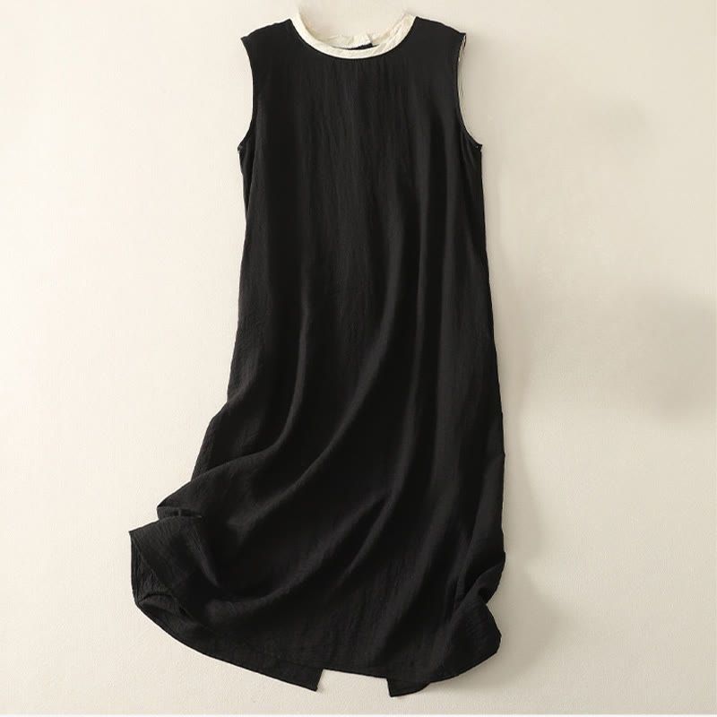 Robe mi-longue décontractée en polyester avec coutures colorées et boutons faits à la main, sans manches, avec poches - Noir - US8-10，UK/AU12-14，EU40-42 (2XL) - image 0