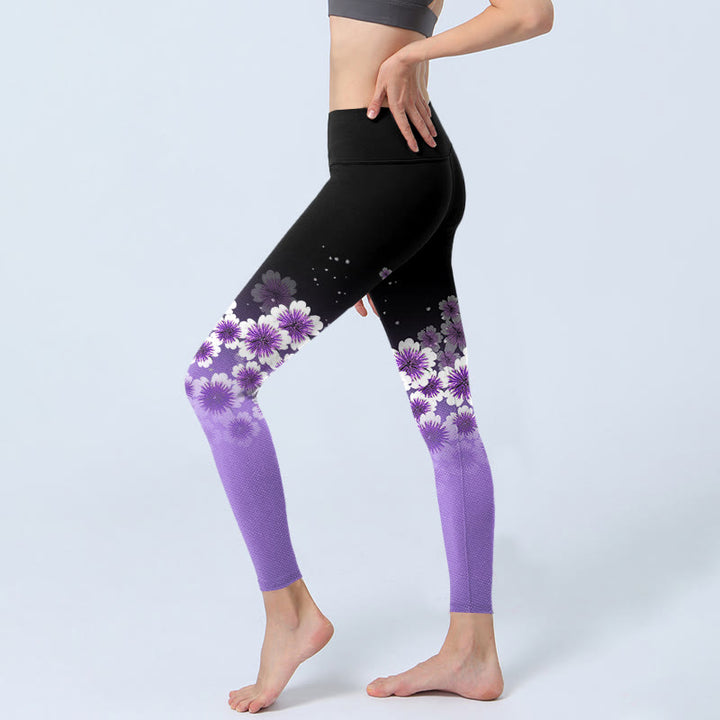 Leggings de sport à imprimé Buddha Stones blanc violet et fleurs de cerisier pour femme - image 3