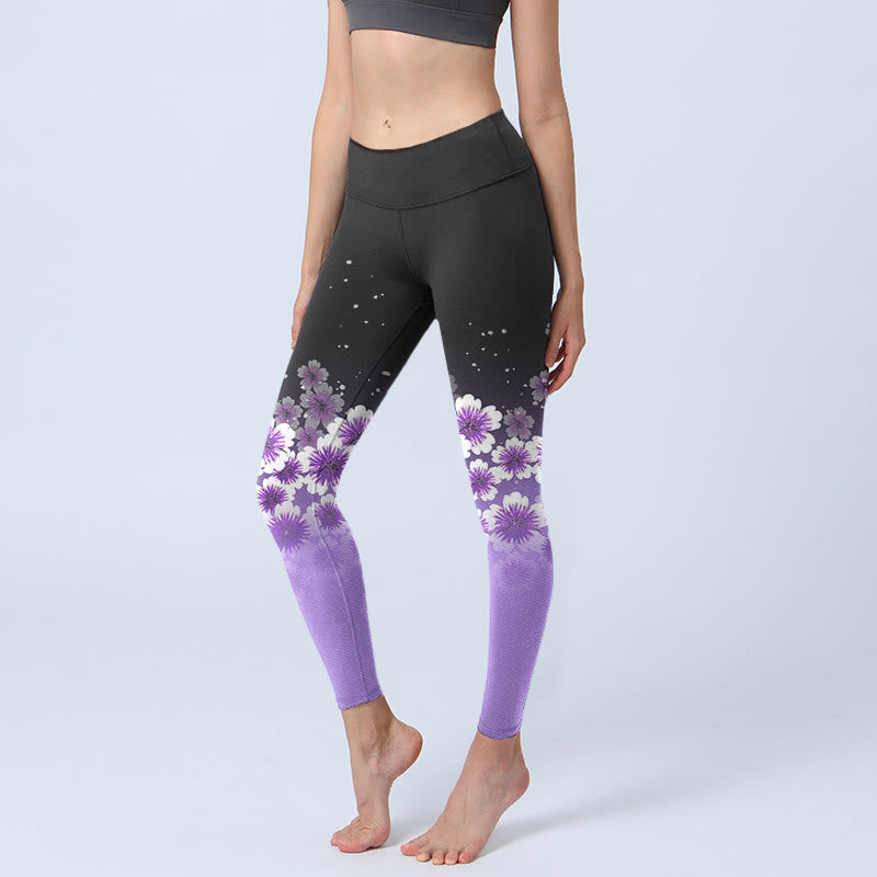 Leggings de sport à imprimé Buddha Stones blanc violet et fleurs de cerisier pour femme - Noir - US18，UK/AU22，EU50 (4XL) - image 0