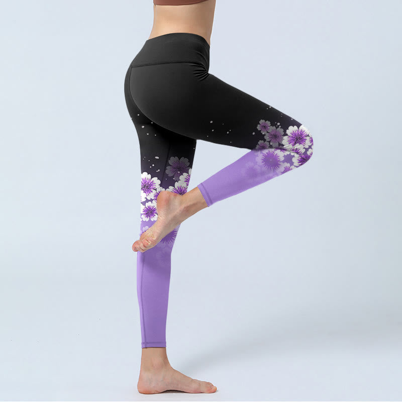 Leggings de sport à imprimé Buddha Stones blanc violet et fleurs de cerisier pour femme - image 4