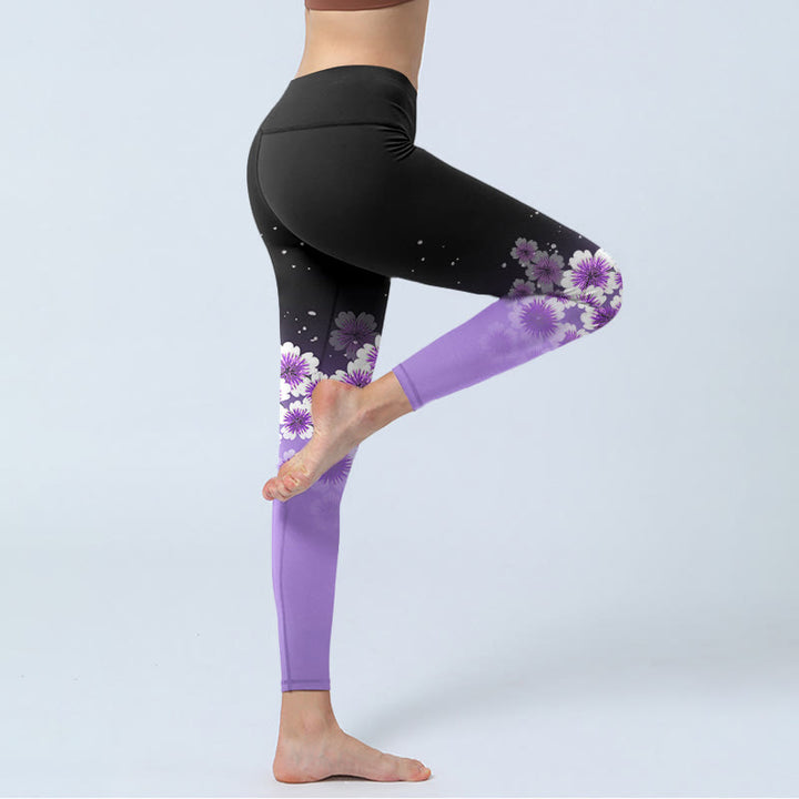 Leggings de sport à imprimé Buddha Stones blanc violet et fleurs de cerisier pour femme - image 4