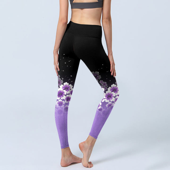 Leggings de sport à imprimé Buddha Stones blanc violet et fleurs de cerisier pour femme - image 3