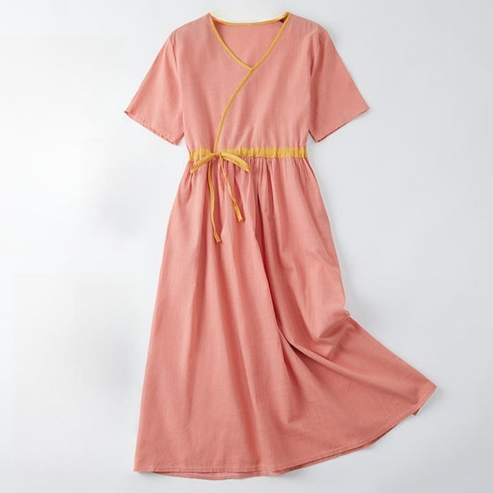 Robe mi-longue décontractée d'été à lacets et col en V, manches courtes, motif Buddha Stones - Corail clair - US8-10，UK/AU12-14，EU40-42 (2XL) - image 0