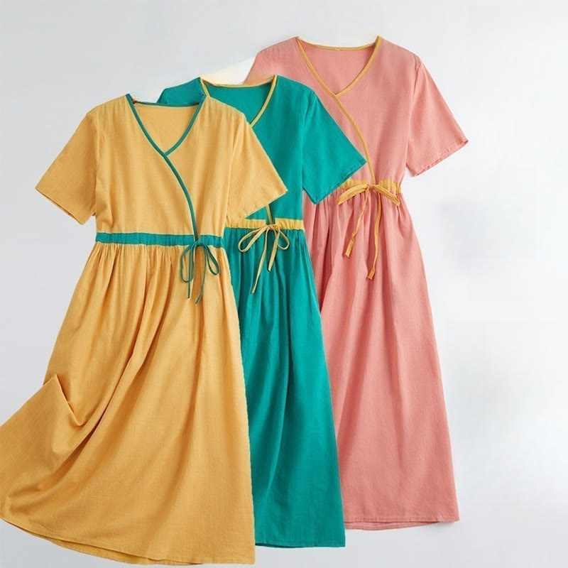 Robe mi-longue décontractée d'été à lacets et col en V, manches courtes, motif Buddha Stones - image 15