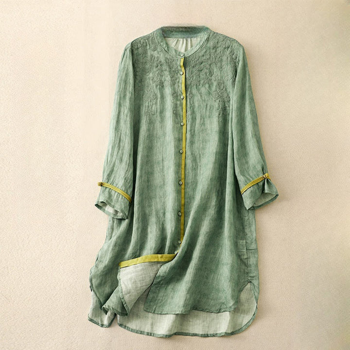 Robe midi d'été décontractée à manches trois-quarts, ornée de broderies et de Buddha Stones, col montant. - Vert mer moyen - US8-10，UK/AU12-14，EU40-42 (2XL) - image 0