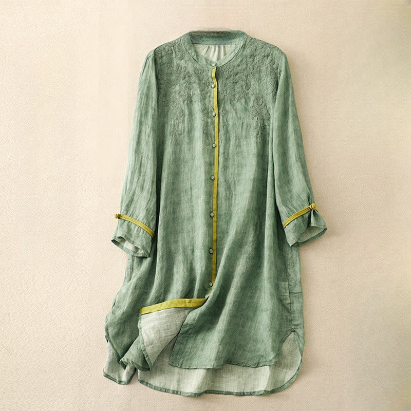 Robe mi-longue d'été décontractée brodée à col montant et manches trois-quarts en acrylique avec Buddha Stones - Vert de mer moyen - US8-10，UK/AU12-14，EU40-42 (2XL) - image 0