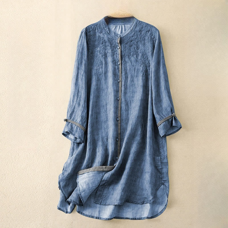 Robe mi-longue d'été décontractée brodée à col montant et manches trois-quarts en acrylique avec Buddha Stones - Bleu royal - US8-10，UK/AU12-14，EU40-42 (2XL) - image 5