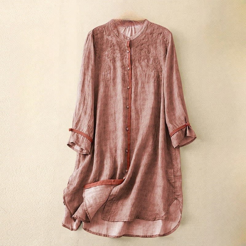 Robe midi d'été décontractée à manches trois-quarts, ornée de broderies et de Buddha Stones, col montant. - LightCoral - US8-10，UK/AU12-14，EU40-42 (2XL) - image 6
