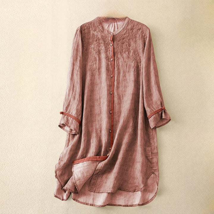 Robe midi d'été décontractée à manches trois-quarts, ornée de broderies et de Buddha Stones, col montant. - LightCoral - US8-10，UK/AU12-14，EU40-42 (2XL) - image 6