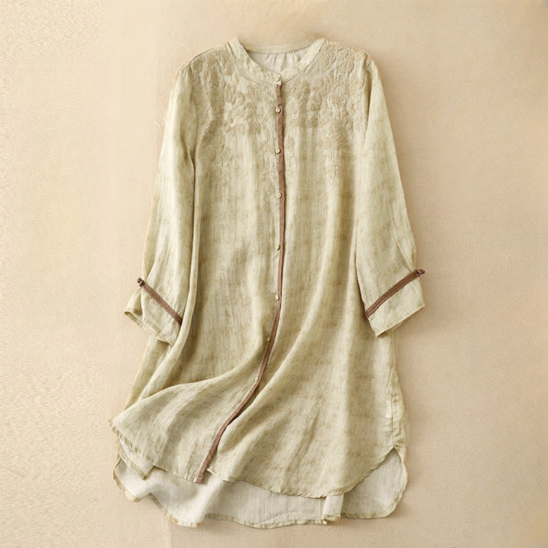 Robe mi-longue d'été décontractée brodée à col montant et manches trois-quarts en acrylique avec Buddha Stones - LemonChiffon - US8-10，UK/AU12-14，EU40-42 (2XL) - image 7