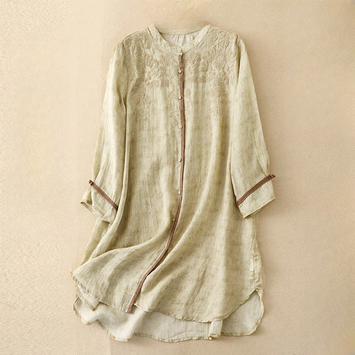 Robe midi d'été décontractée à manches trois-quarts, ornée de broderies et de Buddha Stones, col montant. - LemonChiffon - US8-10，UK/AU12-14，EU40-42 (2XL) - image 7