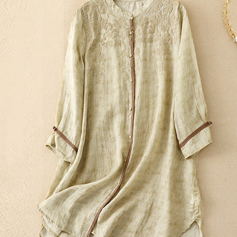 Robe midi d'été décontractée à manches trois-quarts, ornée de broderies et de Buddha Stones, col montant. - image 9