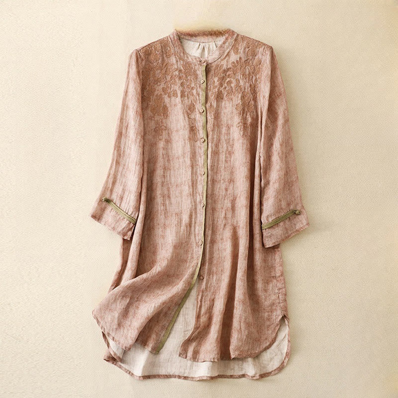 Robe midi d'été décontractée à manches trois-quarts, ornée de broderies et de Buddha Stones, col montant. - Rose - US8-10，UK/AU12-14，EU40-42 (2XL) - image 18