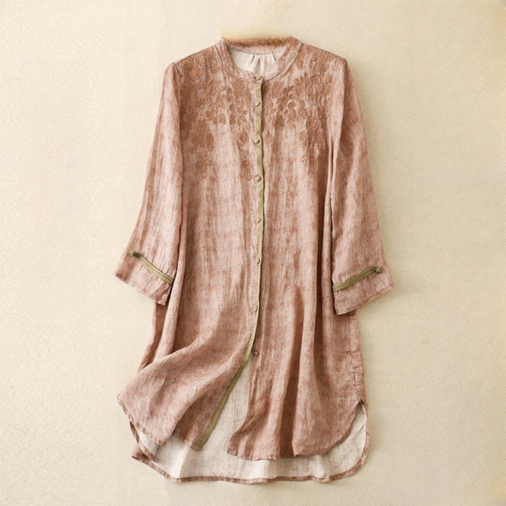 Robe midi d'été décontractée à manches trois-quarts, ornée de broderies et de Buddha Stones, col montant. - Rose - US8-10，UK/AU12-14，EU40-42 (2XL) - image 18