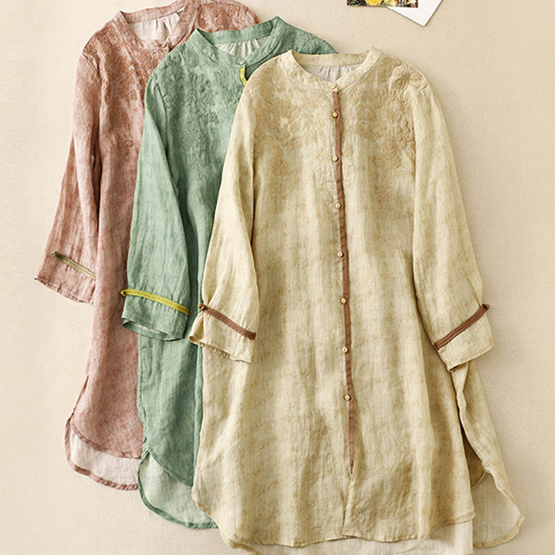 Robe midi d'été décontractée à manches trois-quarts, ornée de broderies et de Buddha Stones, col montant. - image 23