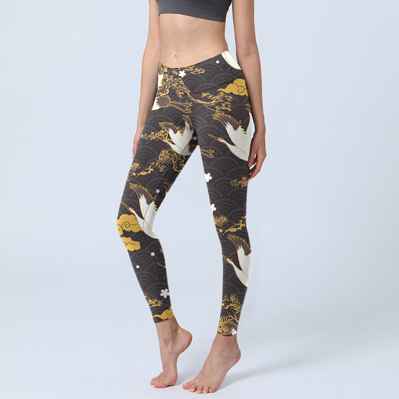 Leggings de sport pour femme, motif Buddha Stones, nuage doré, branche de pin, grue, vagues, pantalon de yoga - Noir - US18，UK/AU22，EU50 (4XL) - image 1
