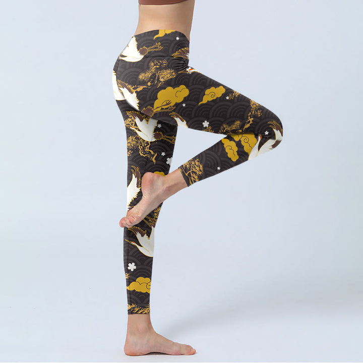 Leggings de sport pour femme, motif Buddha Stones, nuage doré, branche de pin, grue, vagues, pantalon de yoga - image 4
