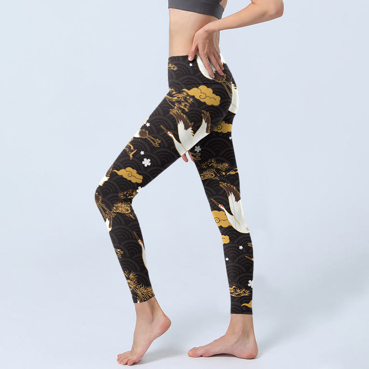 Leggings de sport pour femme, motif Buddha Stones, nuage doré, branche de pin, grue, vagues, pantalon de yoga - image 3