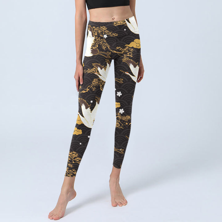 Leggings de sport pour femme, motif Buddha Stones, nuage doré, branche de pin, grue, vagues, pantalon de yoga - image 6