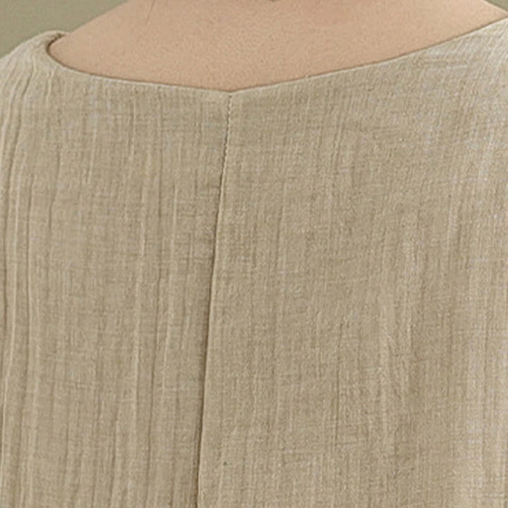 Robe mi-longue d'été décontractée en coton et lin mélangés à double épaisseur, col ras du cou et manches courtes, motif Buddha Stones