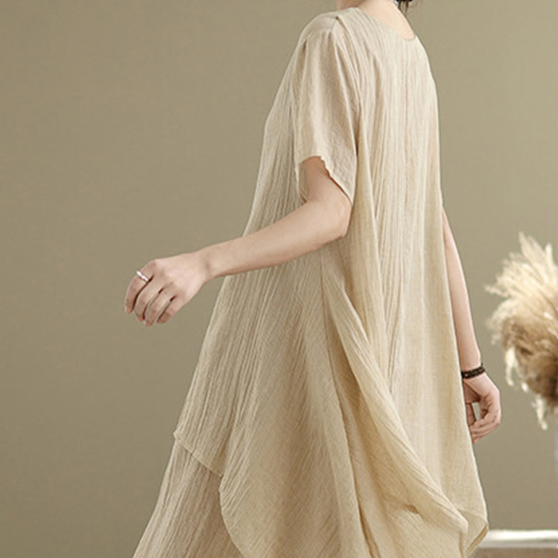 Robe mi-longue d'été décontractée en coton et lin mélangés à double épaisseur, col ras du cou et manches courtes, motif Buddha Stones - image 4