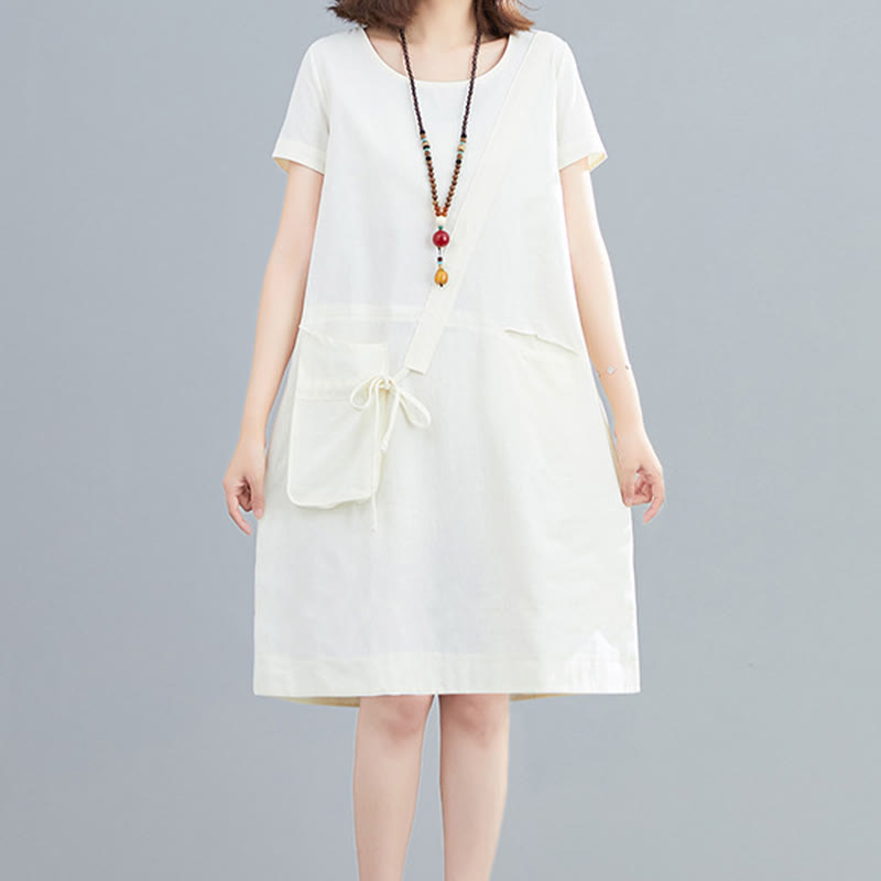 Robe mi-longue décontractée d'été en coton et lin avec lacets, col ras du cou, manches courtes et poches - image 2