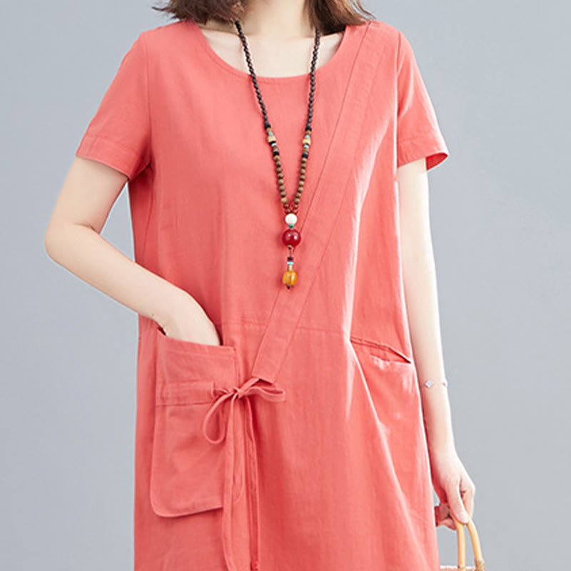 Robe mi-longue décontractée d'été en coton et lin avec lacets, col ras du cou, manches courtes et poches - image 6