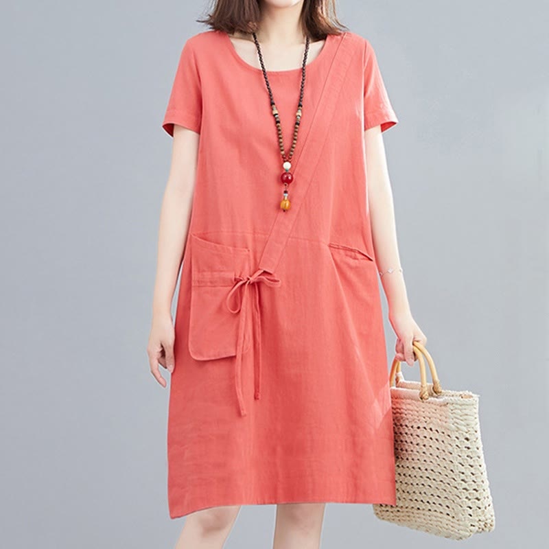 Robe mi-longue décontractée d'été en coton et lin avec lacets, col ras du cou, manches courtes et poches - Corail clair - US8-10，UK/AU12-14，EU40-42 (2XL) - image 5