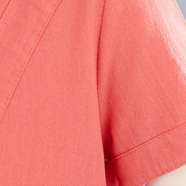 Robe mi-longue décontractée d'été en coton et lin avec lacets, col ras du cou, manches courtes et poches - image 15