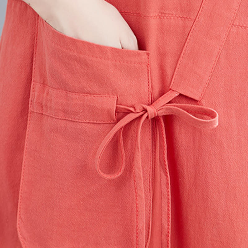 Robe mi-longue décontractée d'été en coton et lin avec lacets, col ras du cou, manches courtes et poches - image 14